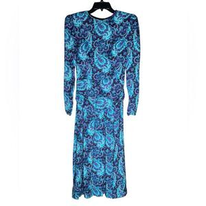 VTG 90s Expo Dress Womens size 6 Blue Paisley Floral Pleated Long sleeve Midi